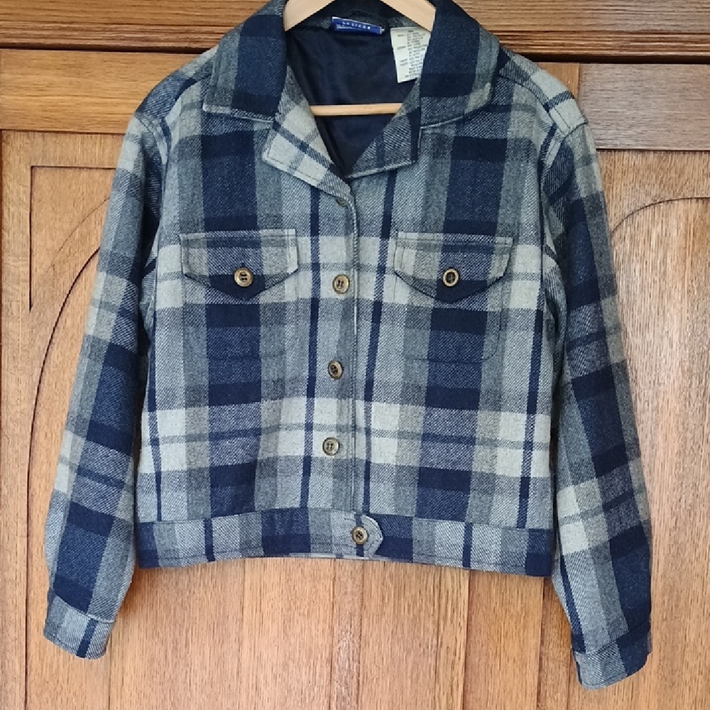 Blue Plaid Wool Blend Jacket, Size M Petite